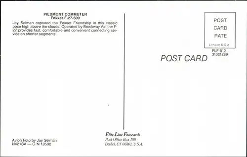 Ansichtskarte  Propellerflugzeug PIEDMONT COMMUTER Fokker F-27-600 1990