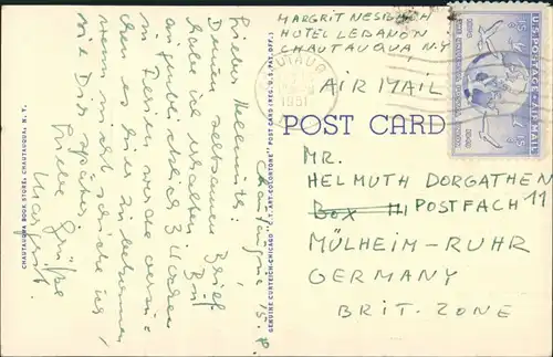 Postcard Chautauqua Chautauqua N.Y. Post Office and Refectory Lake 1951