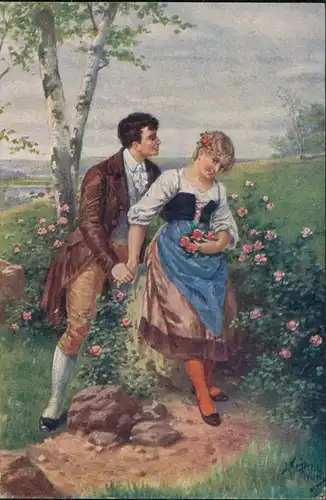 Künstlerkarte J. Kränzle pinx. "Knab mit Röslein", Liebespaar 1910