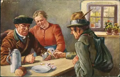 Künstlerkarte Männer in Kneipe beim Kartenspielen Kartenspiel 1920