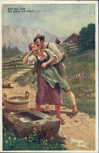 Ansichtskarte  Künstlerkarte Paar Auf der Alm da gibts ka Sünd (Sünde) 1920