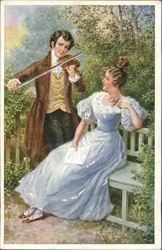 Ansichtskarte  Künstlerkarte Liebe & Romantik Paar Mann mit Geige 1920
