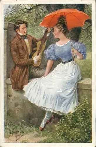 Menschen/Soziales Leben - Liebespaar Künstlerkarte Mann bringt Ständchen 1920