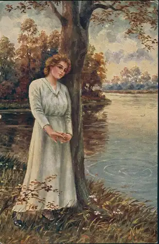 Ansichtskarte  Künstlerkarte "Verlassen" Frau sehnsüchtig, Art Postcard 1920