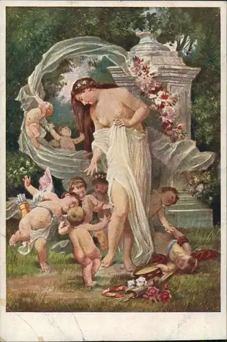 Künstlerkarte "Lenzreigen", Frau erotisch, halbnackt mit Kindern 1920