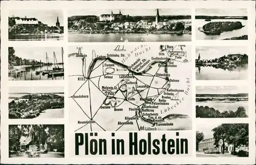 Ansichtskarte Plön Mehrbild-AK mit Umland-Ansicht, Landkarte der Region 1960