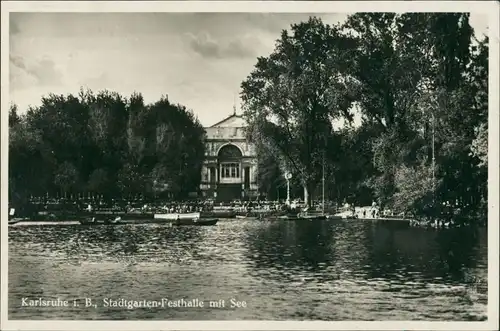 Ansichtskarte Karlsruhe Stadtgarten-Festhalle mit See 1929