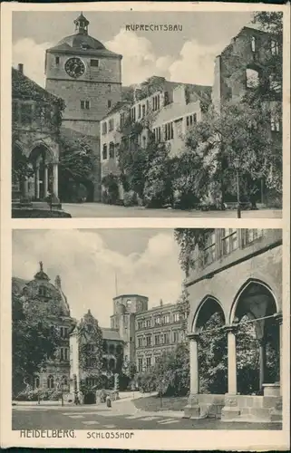 Heidelberg Heidelberger Schloss 2-Bild-Karte Ruprechtsbau, Schlosshof 1920