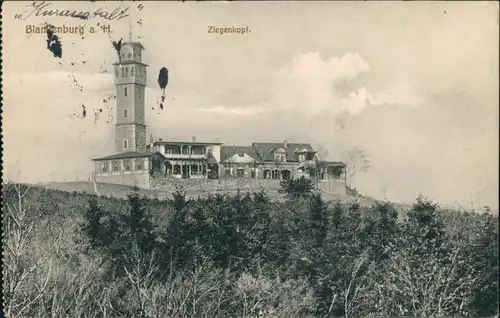 Blankenburg (Harz) Umland-Ansicht Partie mit Turm, Rasthaus Ziegenkopf 1912