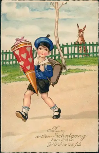 Glückwunsch Schulanfang Einschulung Junge mit Schultüte Zuckertüte 1925