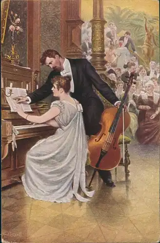 Künstlerkarte K. Ekwall "Frau Musika", Paar mit Musikinstrumenten 1910