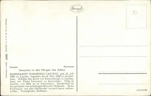 REMBRANDT Künstlerkarte "Ganymend in den Fängen des Adlers" 1920