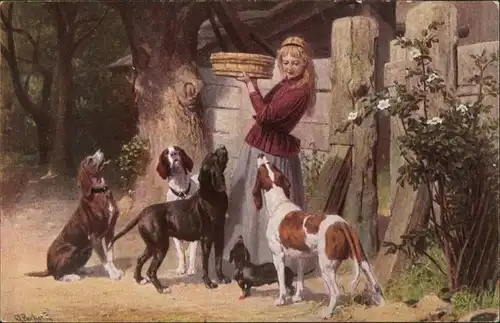 Künstlerkarte Q. Becker "Weidmanns Töchterlein" Hund Jagdhunde 1920