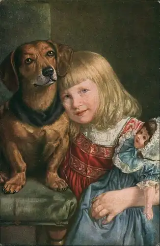 Künstlerkarte Mädchen mit Hund "Wir halten fest u. treu zusammen"