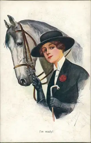 Ansichtskarte  Künstler Motiv-AK Frau mit Pferd Woman with horse 1910