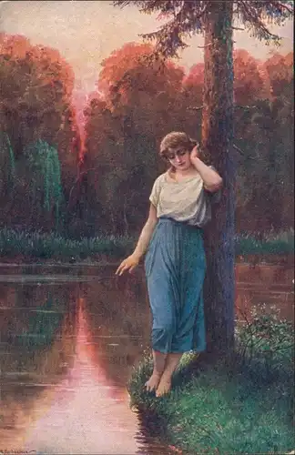 Künstlerkarte AD. Liebscher "Verlassen" Frau traurig am Baum 1920