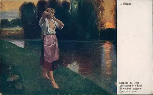 Ansichtskarte  Künstlerkarte T. Korpal "Verlassen bin ich" traurige Frau 1920
