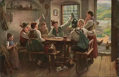 Künstlerkarte E. Rau "In fröhlicher Runde" Gesellschaft am Feiern 1910