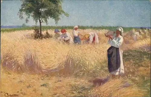 Künstlerkarte S. Tomerlin "Ernte" Bauern Landwirtschaft Heuernte 1920