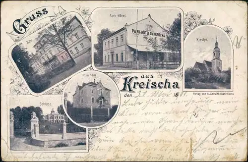Ansichtskarte Kreischa Pfarrhaus, Schloss, Kirche, Hotel 1899