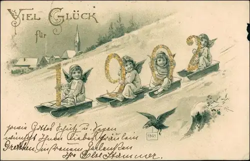 Künstlerkarte Neujahr Engel auf Schlitten mit Zahlen 1902 Goldrand