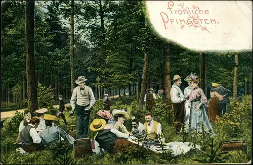 Glückwunsch: Pfingsten, Pfingstausflug gut gekleidete Männer und Frauen 1910