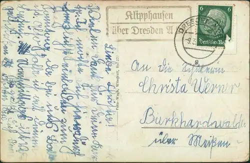 Ansichtskarte Klipphausen-Wilsdruff Gasthaus Saal - Landpoststempel 1934