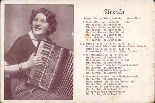 Liedkarte "URSULA" Frau mit Schifferklavier, Marschlied Harry Blum 1940