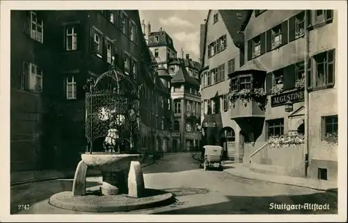 Ansichtskarte Stuttgart Brunnen, Straße - Gasthaus Augustiner 1928