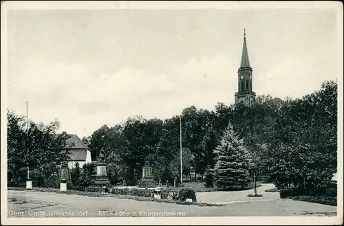 Ansichtskarte Großhartmannsdorf Kriegerdenkmal, Straße, Kirche 1937