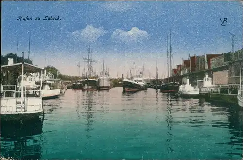 Ansichtskarte Lübeck Hafen, Anlagen Schiffe 1915