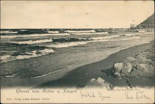 Ansichtskarte Sellin Strand, bewegte See - Seebrücke 1904