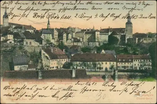 Ansichtskarte Bautzen Budyšin Stadt Fischergassew, Handcoloriert 1904
