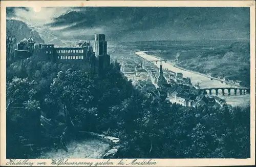 Heidelberg Heidelberger Schloss und Stadt bei Mondschein vom Wolfsbrunnenweg 1930