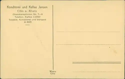 Ansichtskarte Köln Kaffee Jansen - Obermarspforten - Saal 1922