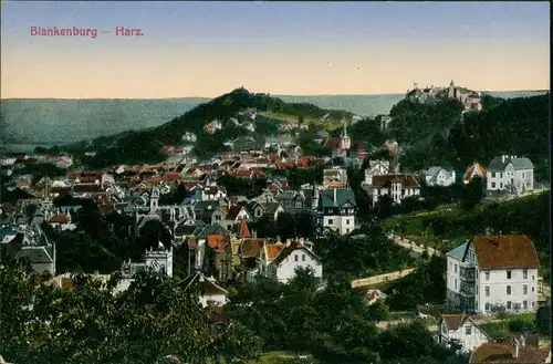 Blankenburg (Harz) Panorama-Ansicht über den Harz Ort, color Postkarte 1910