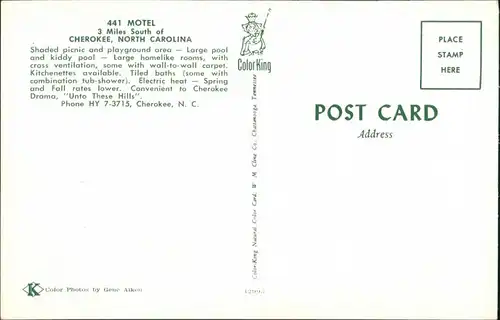 Cherokee 441 Motel Picnic and Playground Area, Pool, US Postcard 1970