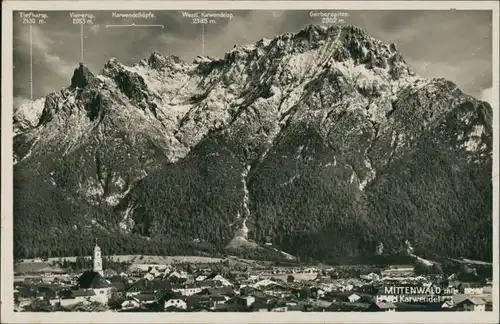 Mittenwald Panorama-Ansicht mit Alpen Bergkette und Namen der Berge 1931