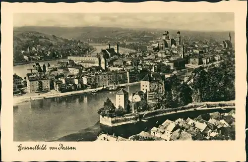 Passau Panorama-Ansicht Vogelschau-Perspektive Innenstadt Donau u. Inn 1940