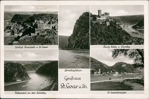 Sankt Goar Mehrbild-AK ua. Rheinfels, Loreley Rhein Tal, Burg Katz 1954