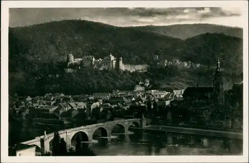 Heidelberg Stadtteilansicht Stadt & Schloss vom Philosophenweg Mondschein 1940