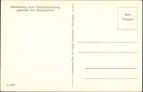Heidelberg Stadtteilansicht Stadt & Schloss vom Philosophenweg Mondschein 1940