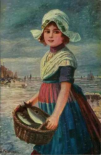 Ansichtskarte  Signierte Künstlerkarte Mädchen a.d. See mit Fisch Korb 1925