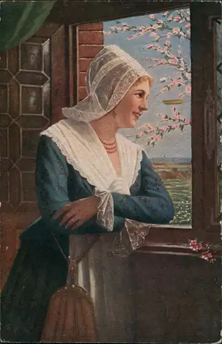 Künstlerkarte Künstler E. Anders "Junges Hoffen" Frau am Fenster 1920