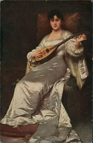 Künstlerkarte "Akkord N. Sichel" Frau mit Musik-Instrument 1920