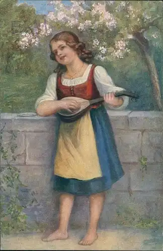 Künstlerkarte A. Frank "Mignon" Kind Mädchen mit Musik-Instrument 1910