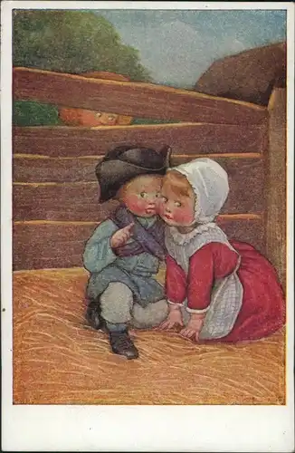 Ansichtskarte  Künstlerkarte Mädchen & Junge, Kinder auf Strohboden 1920