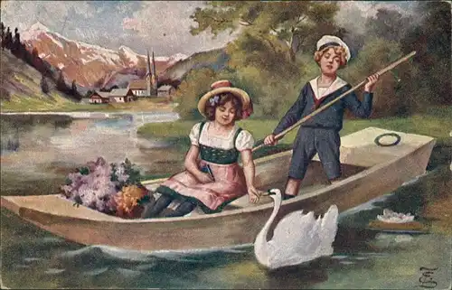 Ansichtskarte  Künstlerkarte "Kahnpartie" E. Zlamal, Kinder im Ruderboot 1910