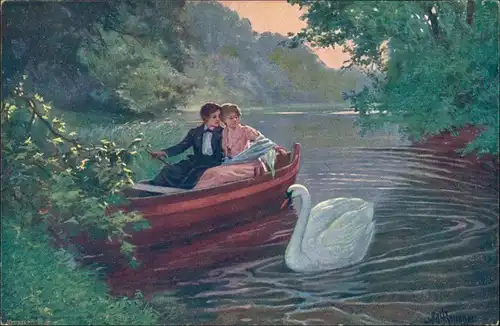 Ansichtskarte  Künstlerkarte "Angenehme Stunden" Liebespaar im Ruderboot 1910