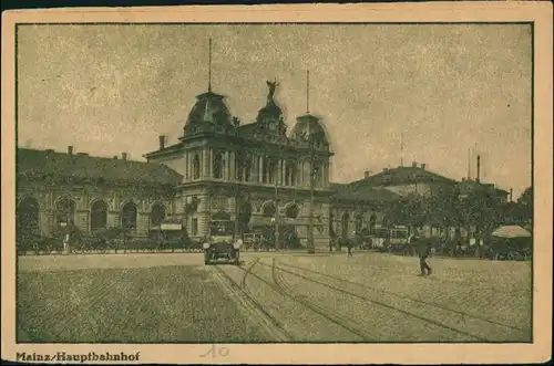 Ansichtskarte Mainz Bahnhof, Platz - Auto 1919